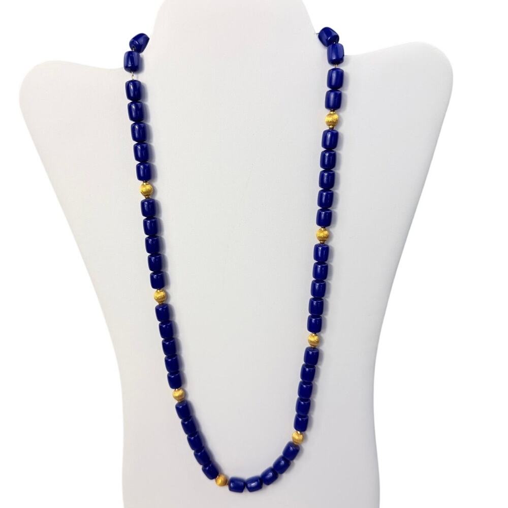 Vintage 24” Deep Cobalt Blue Barrel Beaded Necklace w/ Gold Toned Chain & Clasp